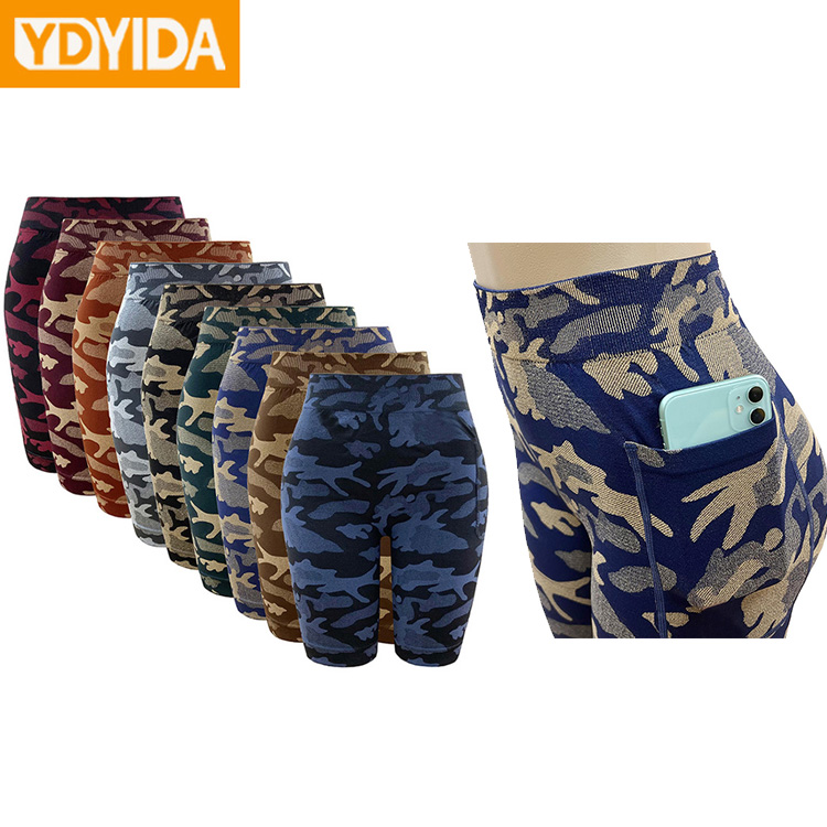 New Arrival Pocket Body Shaper Trainer Slimming Pants Ladies Large Size Camo Pattern Side Pocket Yoga Pants High Elasticity Seamless Knitted Hip Lifting Abdominal Comfortable  Breathable Shorts