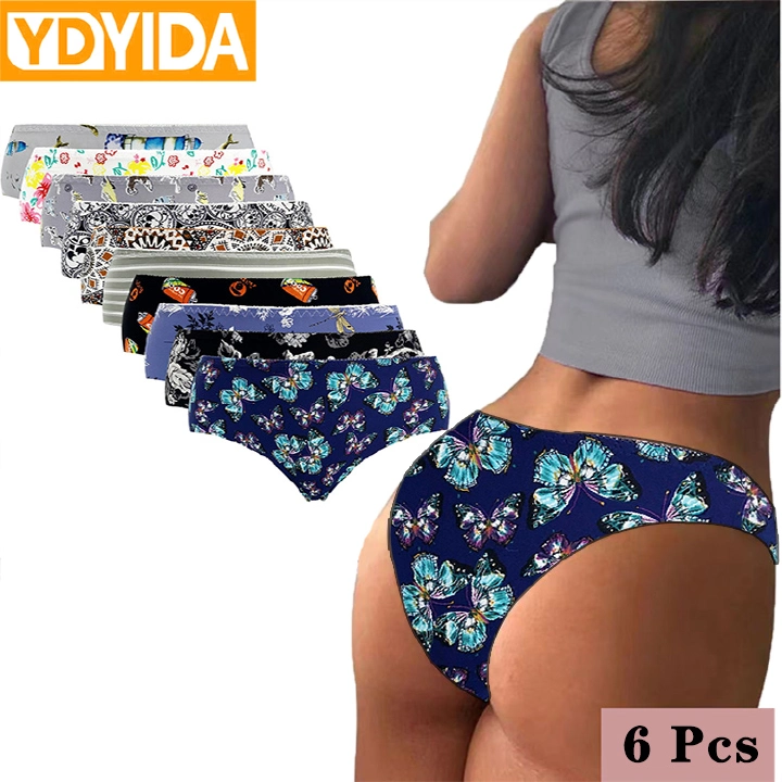 New Arrival 6Pcs Ladies Ice Silk Briefs  Middle Waist Quick Dry Breathable Comfortable Hip Lifting Ladies Thongs Seamless Printing Stretch Panties