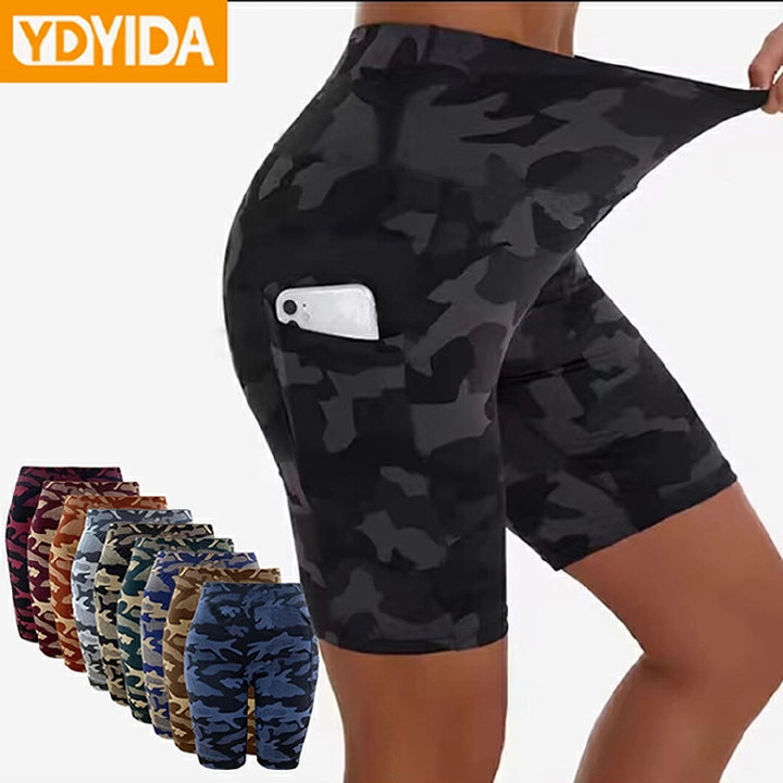New Arrival Pocket Body Shaper Trainer Slimming Pants Ladies Large Size Camo Pattern Side Pocket Yoga Pants High Elasticity Seamless Knitted Hip Lifting Abdominal Comfortable  Breathable Shorts