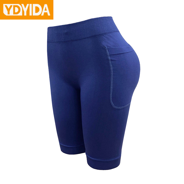 New Arrival Pocket Seamless Knitted Trainer Slimming Yoga Pants Ladies Large Size Pure Color High Waist High Elasticity Hip Lifting Abdominal Body Shaper Trimmer Pants Outdoor Sport Run Gym Shorts