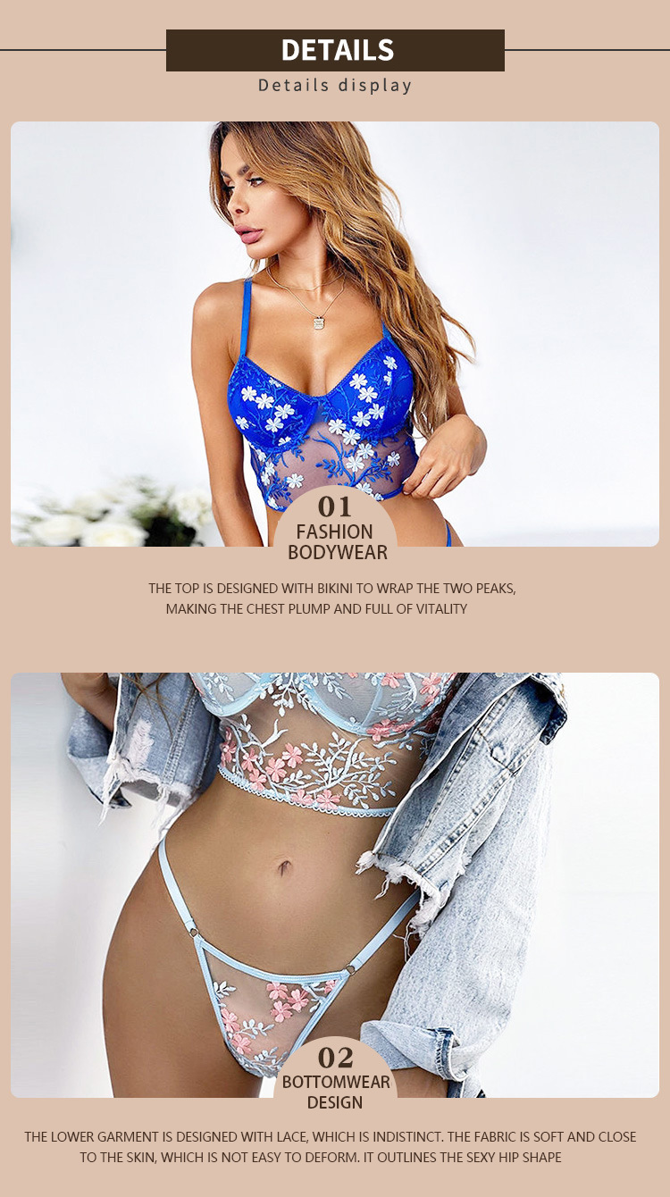 New Arrival Large Size Sex Lingerie Sexy Girl Funny Lace Mesh Perspective Bra Brief Sets Embroidered Suspender Vest Bra T-Shaped Sexy Lace Underpants Suit Sexy Underwear Set