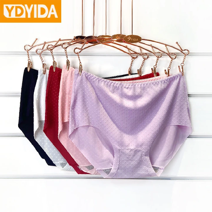 3Pcs Ladies Ice Silk Briefs Women's Solid Color Thin Underwear Cotton Crotch Middle Waist Quick Dry Breathable Comfortable Hip Lifting Seamless Stretch Polka Dots Panties