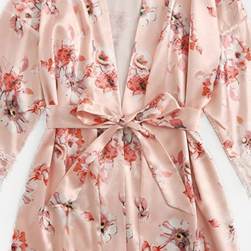 New Arrival Three-piece Set Nightwears  Pink Floral Robe Lace Top and Down Pajamas Sets Sexy Sleepwear Comfortable Nightgowns Lace Vest With Comfortable Shorts And Long-sleeved Robe Suit