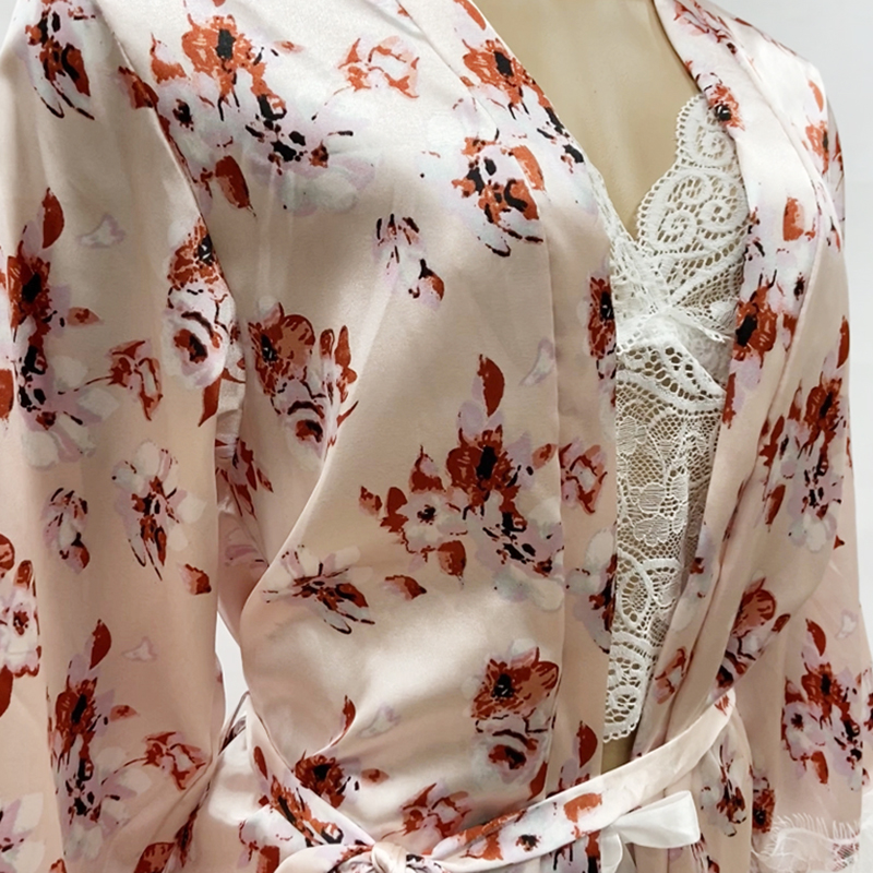 New Arrival Three-piece Set Nightwears  Pink Floral Robe Lace Top and Down Pajamas Sets Sexy Sleepwear Comfortable Nightgowns Lace Vest With Comfortable Shorts And Long-sleeved Robe Suit