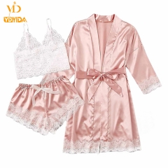 New Arrival 3Pcs/Set Women Lace Sexy Pajamas Lace Tank Top+Sexy Shorts+Gown Three Piece Set Large Size Nightdress Stretch Satin Like Silk Fabrica Pure Color Three Pieces Underwear  XL Pink