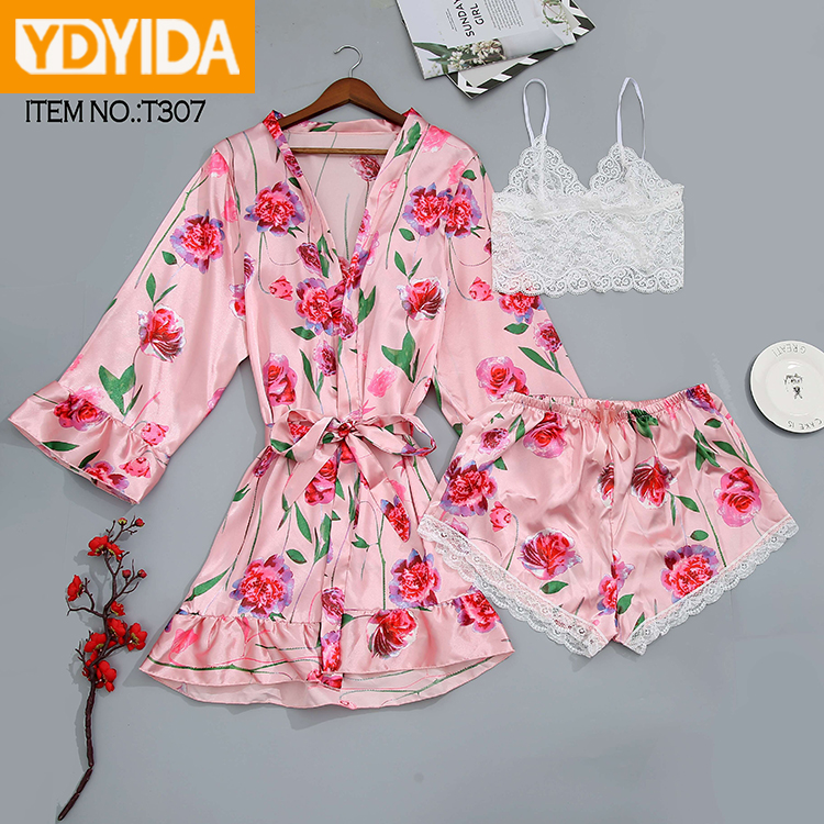 New Style Women'S Sleepwear Sexy Women Lounge Wear 3 Pieces Set Night Wear Pajamas Sets Floral Nightgowns Lounge Wear