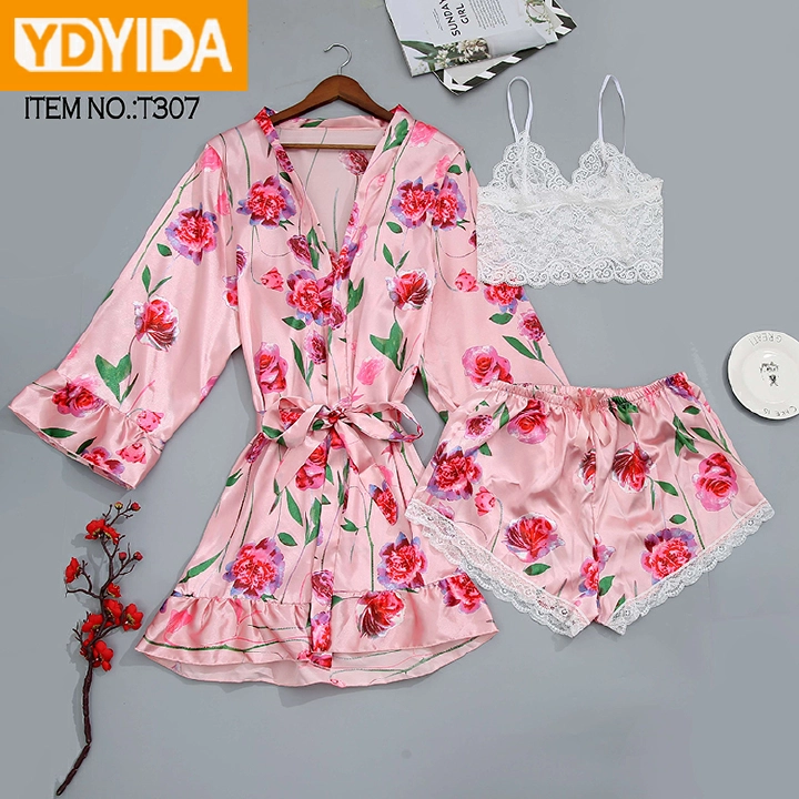 New Style Women'S Sleepwear Sexy Women Lounge Wear 3 Pieces Set Night Wear Pajamas Sets Floral Nightgowns Lounge Wear