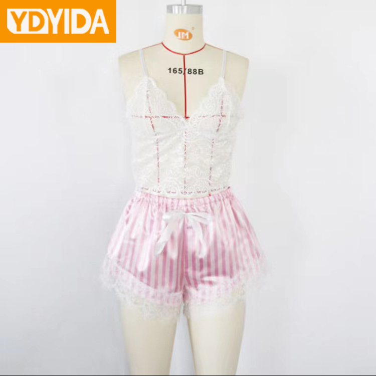 Women's Three Piece Sexy Lace Nightgown Set Like Silk Fabric Striped Nightdress Large Women's Pajamas Suit Lace Sexy Tank Top Lace Pants and Nightgown Three Piece Sleepwear Set