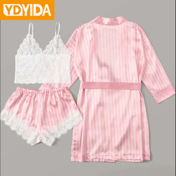 Women's Three Piece Sexy Lace Nightgown Set Like Silk Fabric Striped Nightdress Large Women's Pajamas Suit Lace Sexy Tank Top Lace Pants and Nightgown Three Piece Sleepwear Set