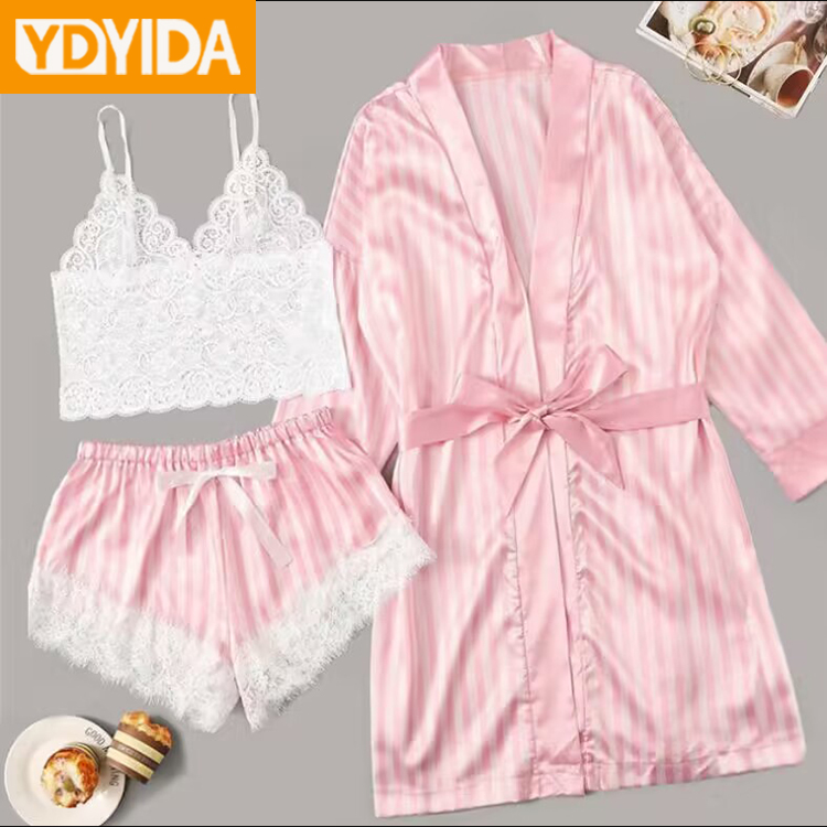 Women's Three Piece Sexy Lace Nightgown Set Like Silk Fabric Striped Nightdress Large Women's Pajamas Suit Lace Sexy Tank Top Lace Pants and Nightgown Three Piece Sleepwear Set