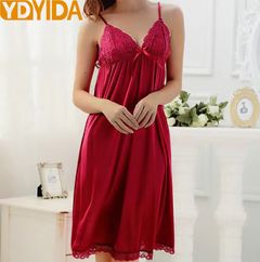 2pcs/Set Sexy Satin Lace Women Nightwear Nightgowns Nightdress Sexy Lady Underwear Women Nightdress Girls  Suspended Pajama Dress+Triangular Pants Suit Free Size(fits to 45kg-65kg) Red
