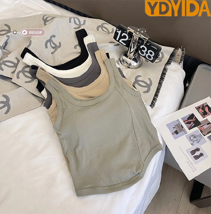 Hot Sale Women's Wide Shoulder Pure Cotton Camisole with Chest Pads Crop Top Soft Breathable Beautiful Back Slim Fit Sexy Versatile Tank Top Solid Color Sexy Girls' Suspended Vest