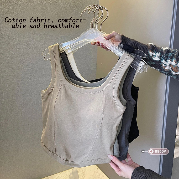 Hot Sale Women's Wide Shoulder Pure Cotton Camisole with Chest Pads Crop Top Soft Breathable Beautiful Back Slim Fit Sexy Versatile Tank Top Solid Color Sexy Girls' Suspended Vest