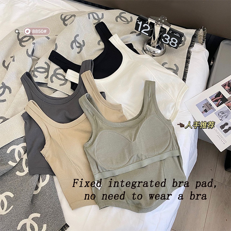 Hot Sale Women's Wide Shoulder Pure Cotton Camisole with Chest Pads Crop Top Soft Breathable Beautiful Back Slim Fit Sexy Versatile Tank Top Solid Color Sexy Girls' Suspended Vest