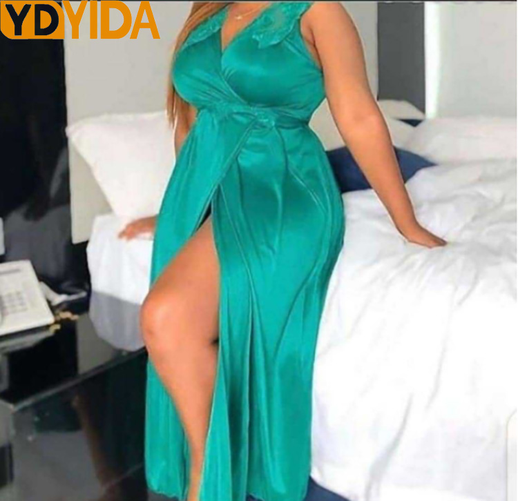 New Arrival  Women's Sexy Sleepwear Split Long Dress Lace Nightdress Imitates Silk Fabric Soft and Comfortable Large Size Women's Nightgown