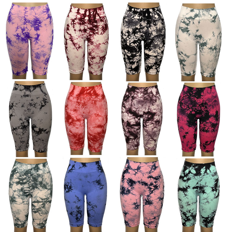 2PCS Women's Tie Dyed Elastic Sports Shorts Yoga Pants High Waist, Abdominal and Hip Lifting Fitness Shorts Seamless Knitted Tie Dyed Outdoor Sports Shorts