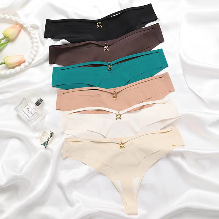 2Pcs New Arrival Women's Sexy Thong One Piece Ice Silk Seamless Sexy Triangle Underwear Pure Cotton Crotch With Metal Ring Design  Fashionable Women's Panties