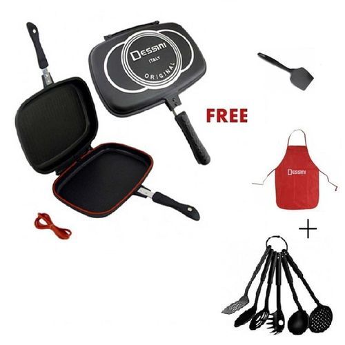 Dessini Double Grill Pan 36cm+Free Apron+Spatula+Nonstick Spoon Set