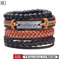 Men's Leather Woven Bracelet Retro Black Wood Bead Bracelet Fashion Wristband Jewelry Accessories Brown one size
