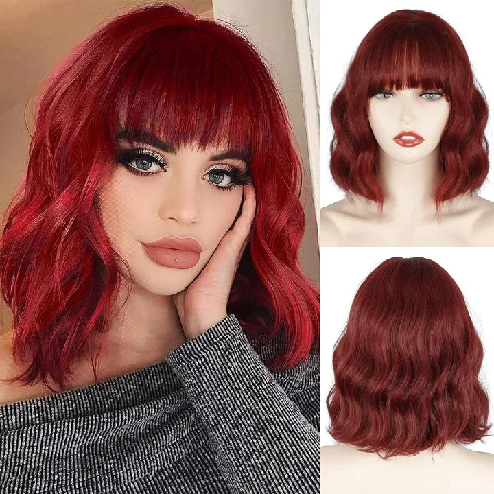 Synthetic Curly Bob Wig with Bangs Short Bob Wavy Hair Wigs Wine Red Color Wigs for Women Bob Style Synthetic Heat Resistant Bob Wigs