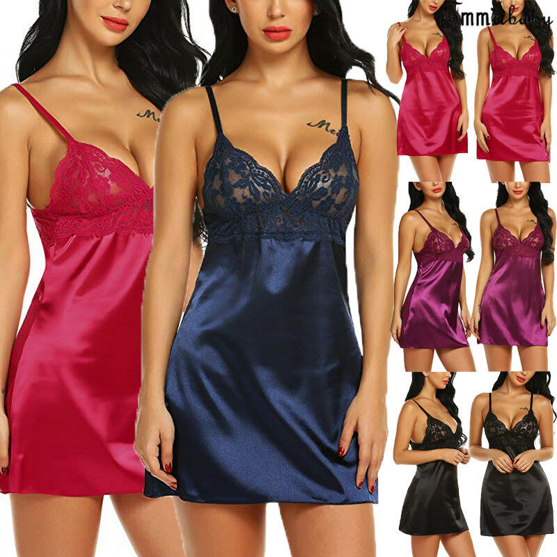 Women&apos;s Night Short Dress Nightgown Satin Silk Lace Lingerie Pajamas Sleepwear
