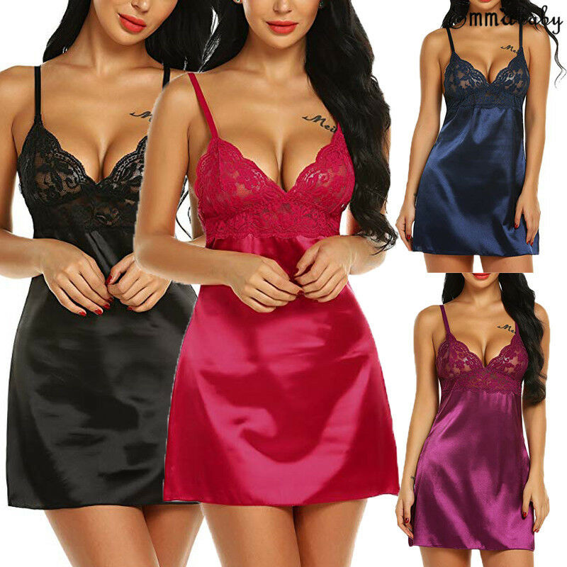 Women&apos;s Night Short Dress Nightgown Satin Silk Lace Lingerie Pajamas Sleepwear