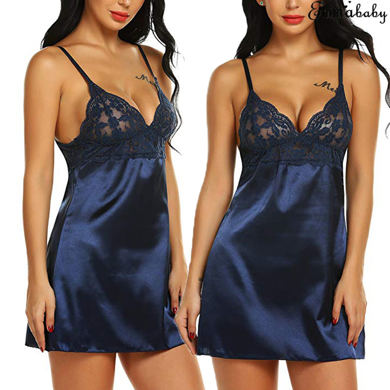 Women&apos;s Night Short Dress Nightgown Satin Silk Lace Lingerie Pajamas Sleepwear