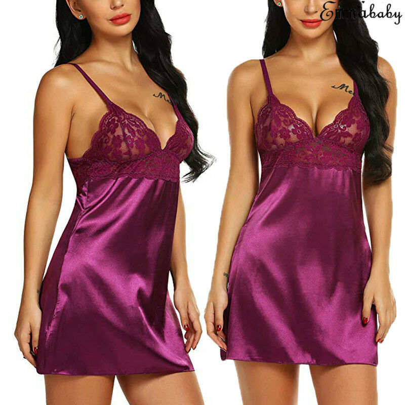 Women&apos;s Night Short Dress Nightgown Satin Silk Lace Lingerie Pajamas Sleepwear