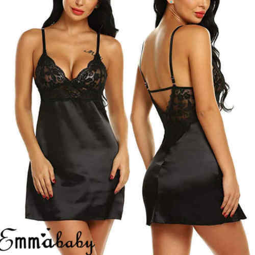 Women&apos;s Night Short Dress Nightgown Satin Silk Lace Lingerie Pajamas Sleepwear