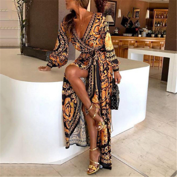 Bohemian Retro Floral Print Summer Dresses For Women Gold Color Long Sleeve V Neck Maxi Skirts