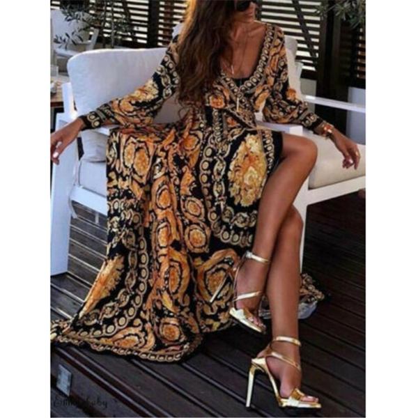 Bohemian Retro Floral Print Summer Dresses For Women Gold Color Long Sleeve V Neck Maxi Skirts