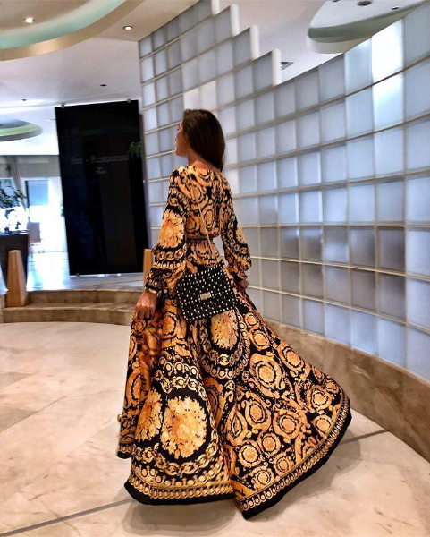 Bohemian Retro Floral Print Summer Dresses For Women Gold Color Long Sleeve V Neck Maxi Skirts