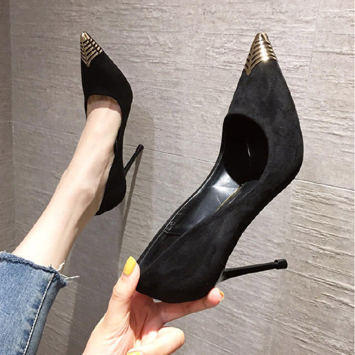 Simple Metal Head Beige Workplace High Stilettos Pointy Shoes Work Shoes Women Heels