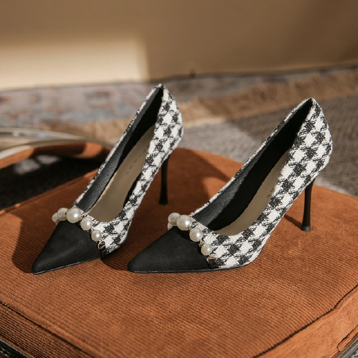 LOCAL JASMINE New Fashion Women's Black White High Heels Pearl Metal Decoration Sweet Sandals Banquet Shoes High Heel Pumps Dress Work Shoes