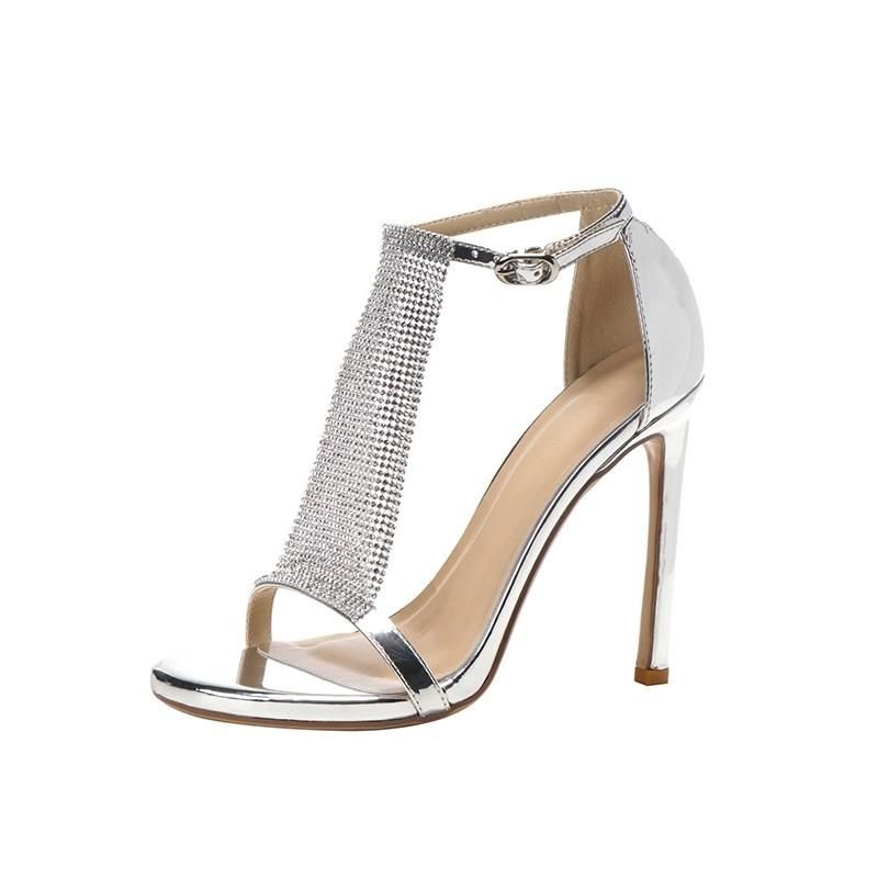 Shoes  Heels Sandals A Line With High Heels Women'S New Rhinrhinous Thin With Temperament Of The Girl Open Toe Sexy Silver Sandals Silver EU40Silver,EU40