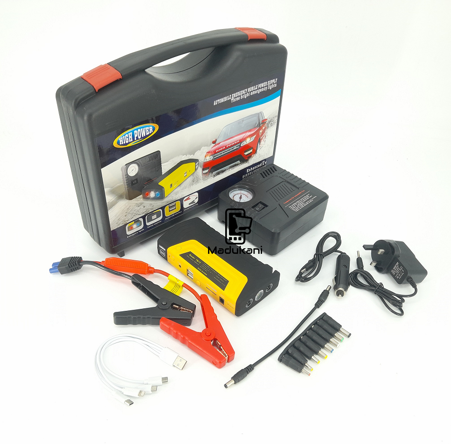 Jump Starter Pack with Inflator, Laptop Charger Connectors, and Hazard Triangles
