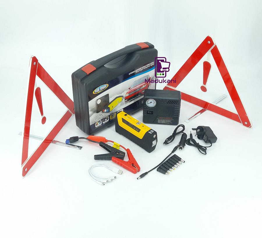 Jump Starter Pack with Inflator, Laptop Charger Connectors, and Hazard Triangles