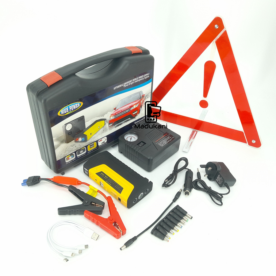 Jump Starter Pack with Inflator, Laptop Charger Connectors, and Hazard Triangles