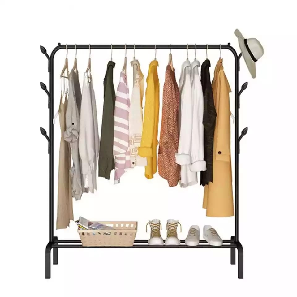 Clothing Rack With Lower Storage Shelf for Boxes /Shoes And Side Hooks
