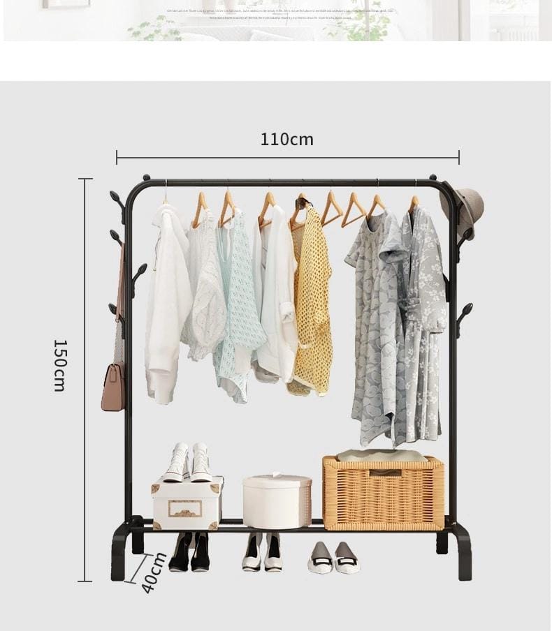 Clothing Rack With Lower Storage Shelf for Boxes /Shoes And Side Hooks