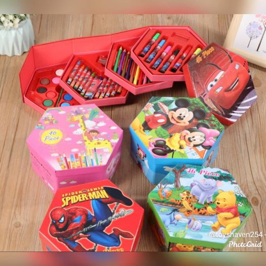 46pc Art set with 12 paints 6 colour pens 1 paint brush 12 color pencils  12 crayons  1 paper clip 1 eraser 1 sharpener