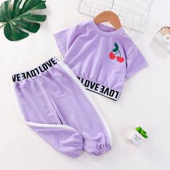 2021 New Girls' Short T-shirt Long Trousers Fashion Suit Leakage Navel Summer Clothes Sleeve 2Sets purple 120cm