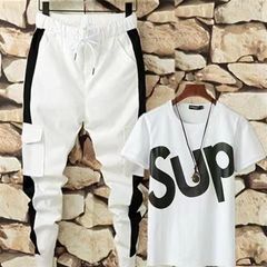 2pieces(T-shirts+Sweatpants) Fashion Classic Men’s Trousers Men's T-shirts Super Value Casual Joggers Sweatpants White M as picture one size