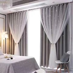 Double Hollow Star Princess Lace Blackout Curtain Romantic Tulle Decoration Living Room Bedroom Gray 130cm*180cm ---1pcs