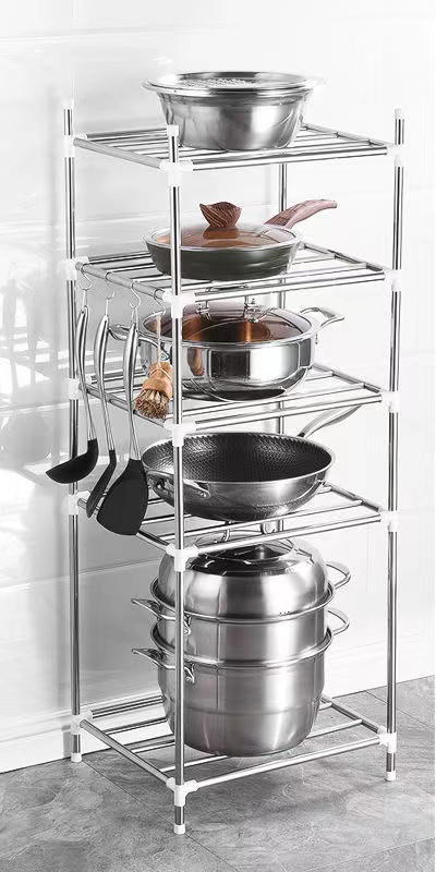 5-layer Raised Assembly Stainless Steel Kitchen Shelving Floor-to-ceiling Pot Holder Bathroom Wash Basin Storage and Organizing Rack