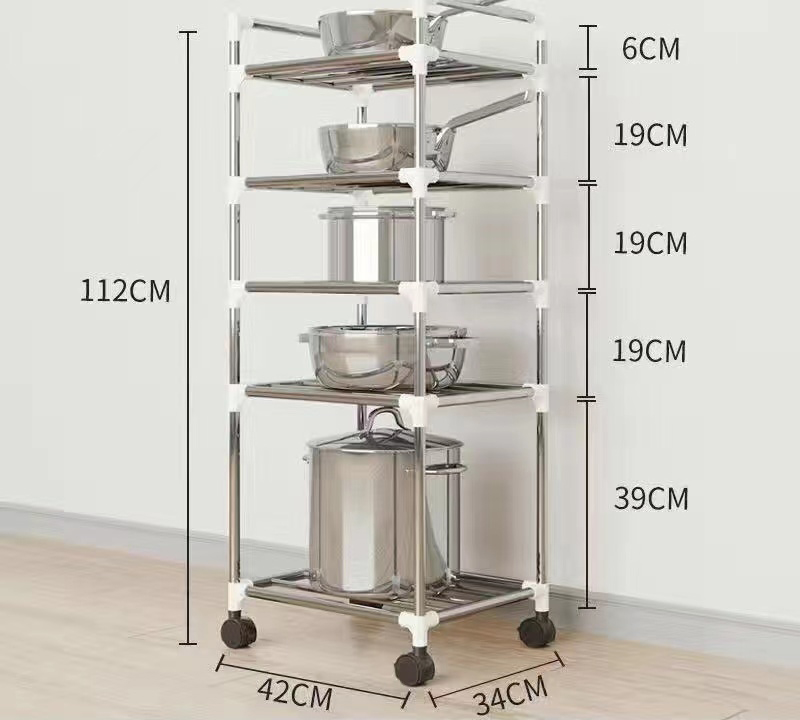 5-layer Raised Assembly Stainless Steel Kitchen Shelving Floor-to-ceiling Pot Holder Bathroom Wash Basin Storage and Organizing Rack