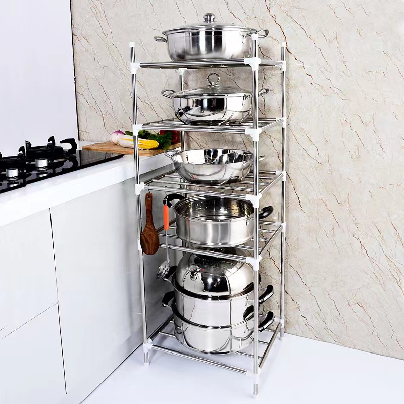 5-layer Raised Assembly Stainless Steel Kitchen Shelving Floor-to-ceiling Pot Holder Bathroom Wash Basin Storage and Organizing Rack