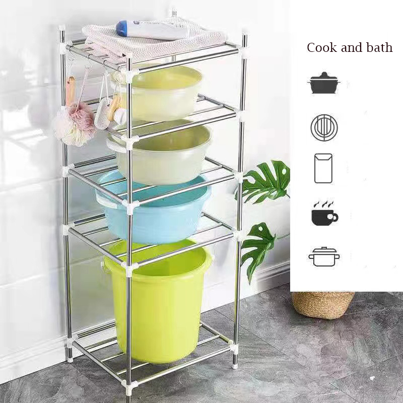 5-layer Raised Assembly Stainless Steel Kitchen Shelving Floor-to-ceiling Pot Holder Bathroom Wash Basin Storage and Organizing Rack