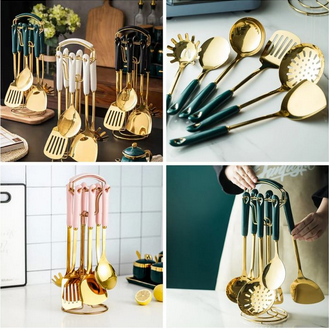 High Quality 6 Pieces Plus Stand Heavy Golden Spoon Set