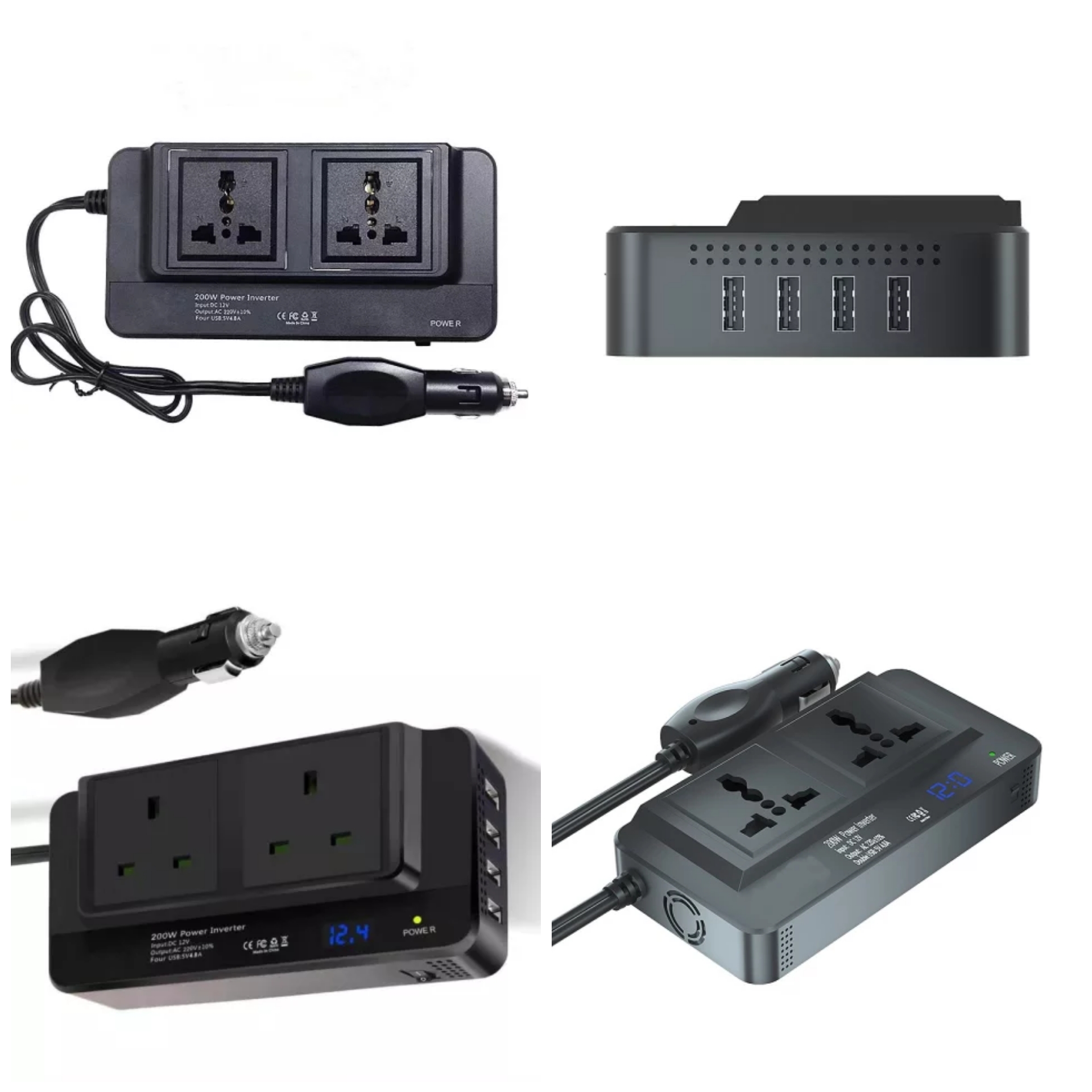 200W Car charger  Power Inverter Dc to Ac with 2 outlets and 4 usb ports